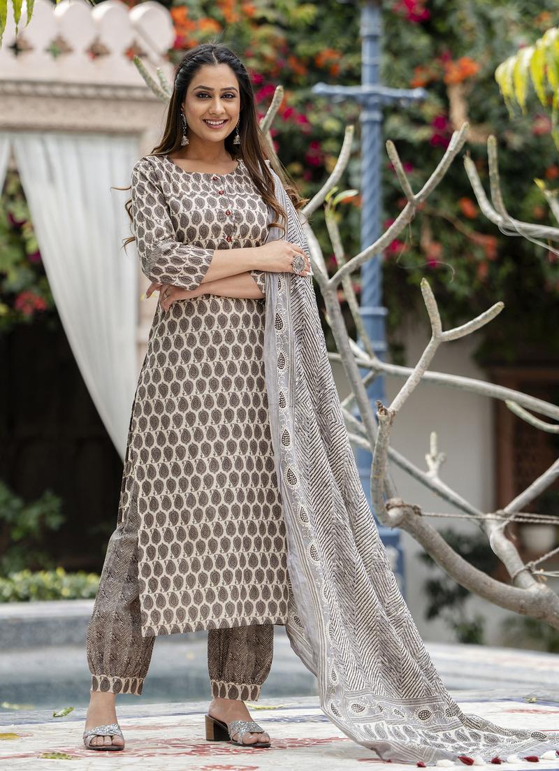 Grey Printed Cotton Suit- Set of 3 Pcs