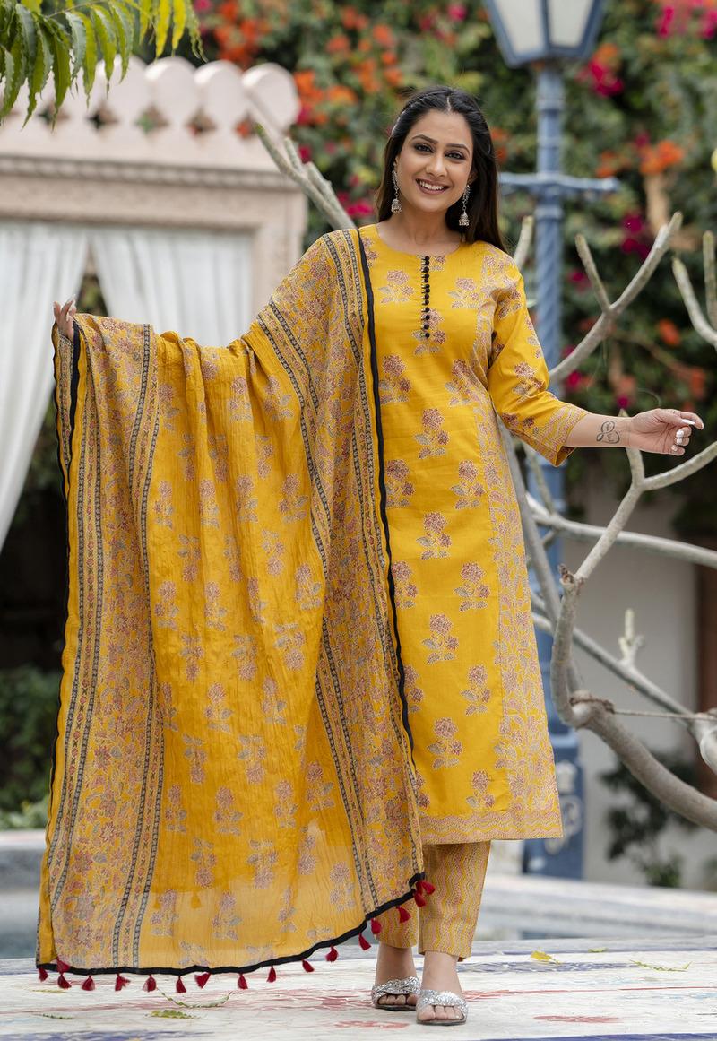 Yellow Printed Cotton Suit- Set of 3 Pcs