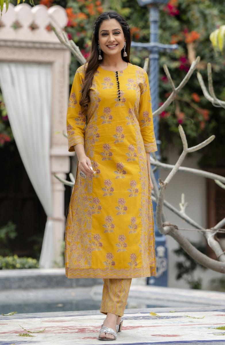 Yellow Printed Cotton Suit- Set of 3 Pcs