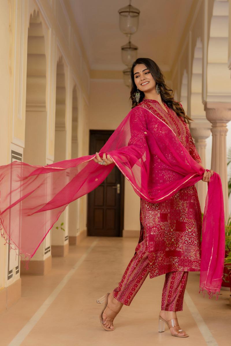 Pink Printed Chanderi Suit- Set of 3 Pcs