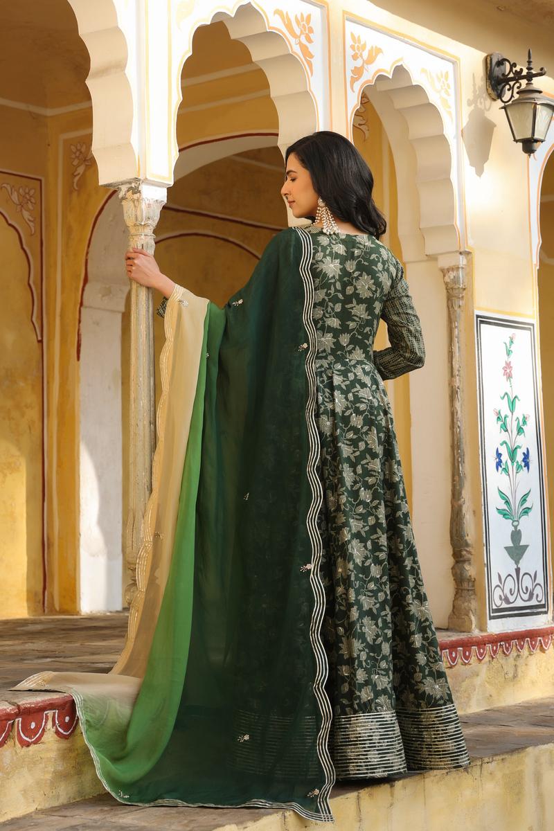 ABEELA PRINTED RAYON GREEN GOWN WITH SHADED DUPATTA- Set of 2 Pcs