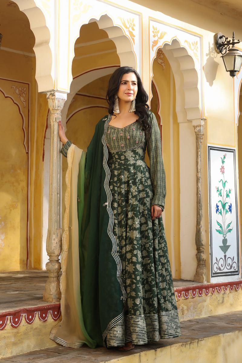 ABEELA PRINTED RAYON GREEN GOWN WITH SHADED DUPATTA- Set of 2 Pcs