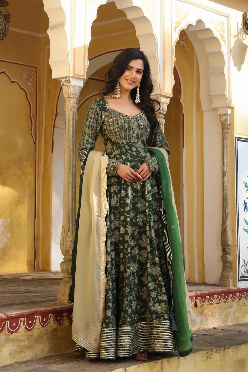 ABEELA PRINTED RAYON GREEN GOWN WITH SHADED DUPATTA- Set of 2 Pcs