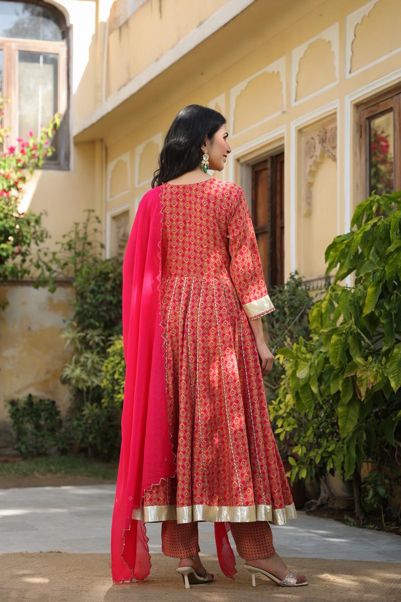 PINK CHANDERI ANARKALI- Set of 3 Pcs