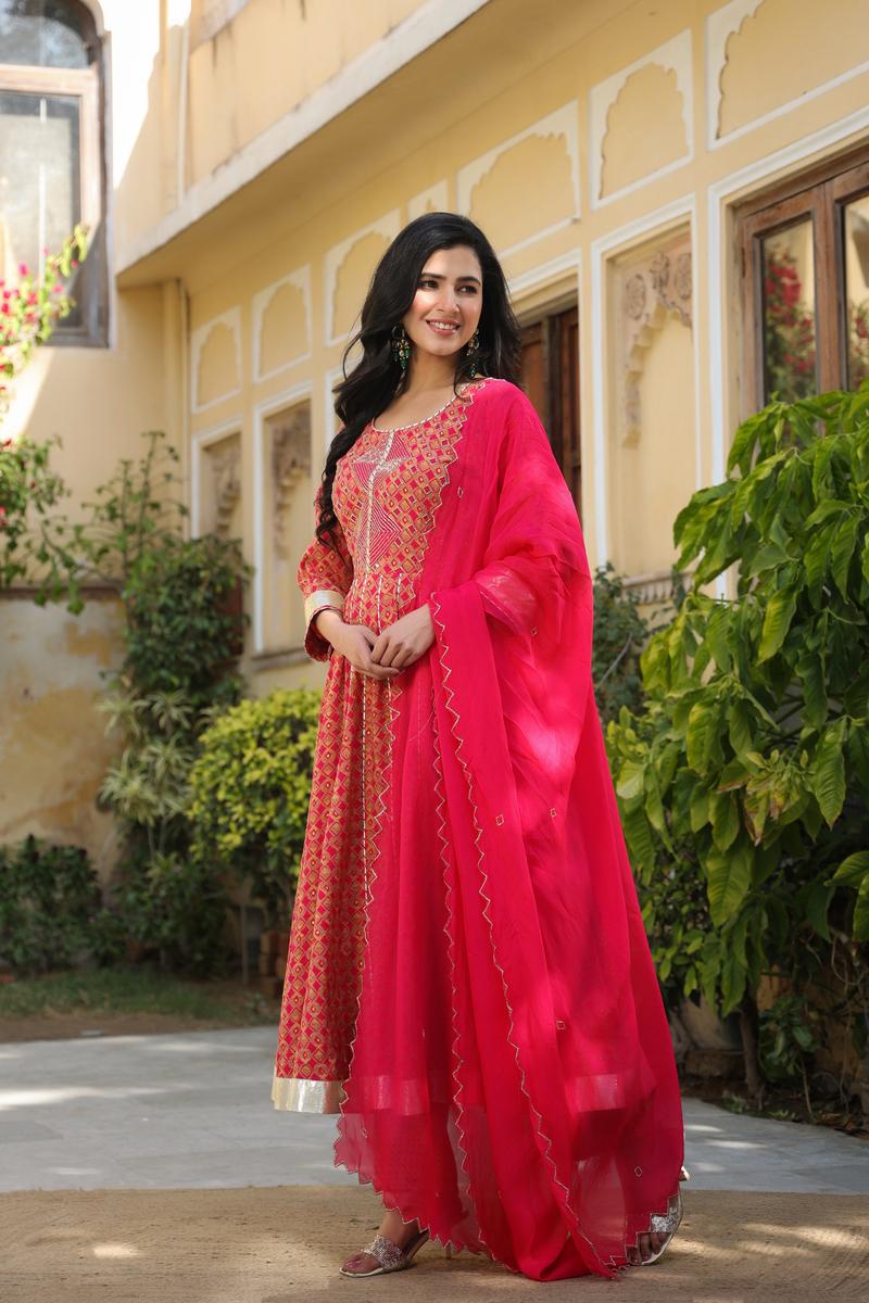 PINK CHANDERI ANARKALI- Set of 3 Pcs