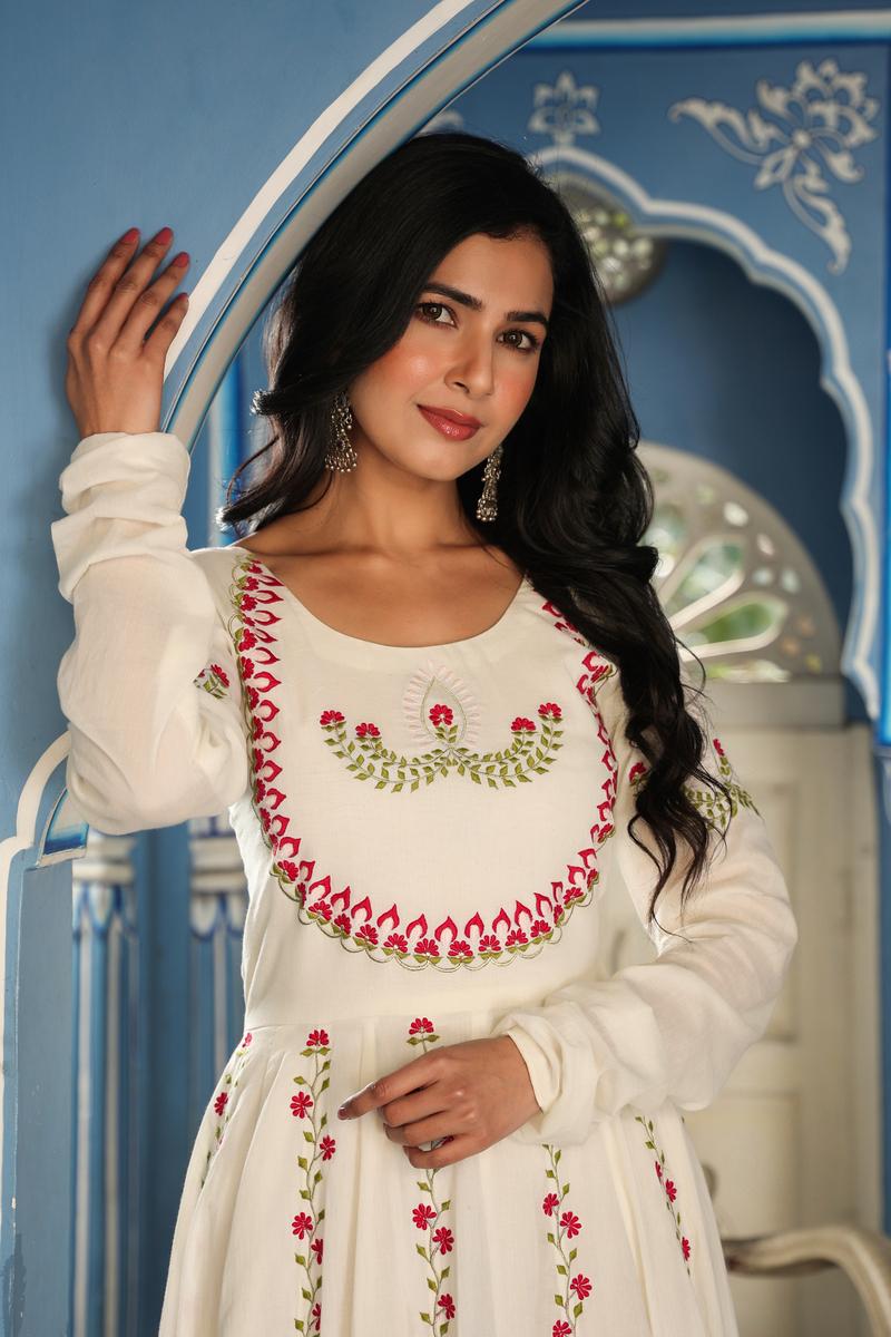 Floral Embroidered Cotton Fit & Flare Ethnic Dress- Set of 1 Pcs