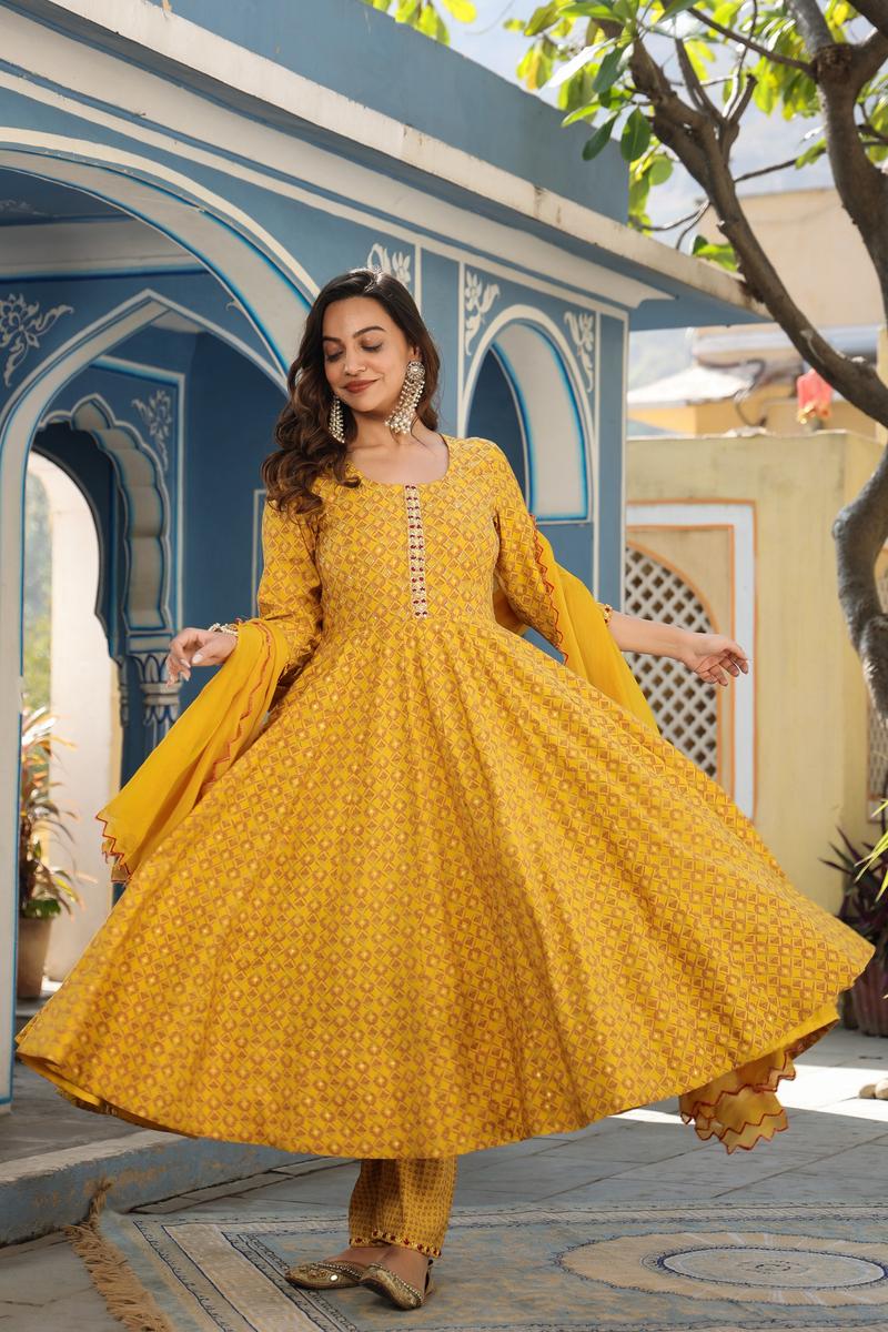 MUSTARD CHANDERI ANARKALI- Set of 3 Pcs