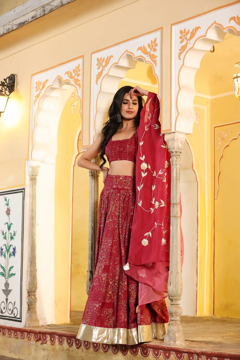 MUMAL PINK PRINTED CHANDERI LEHENGA SET- Set of 3 Pcs