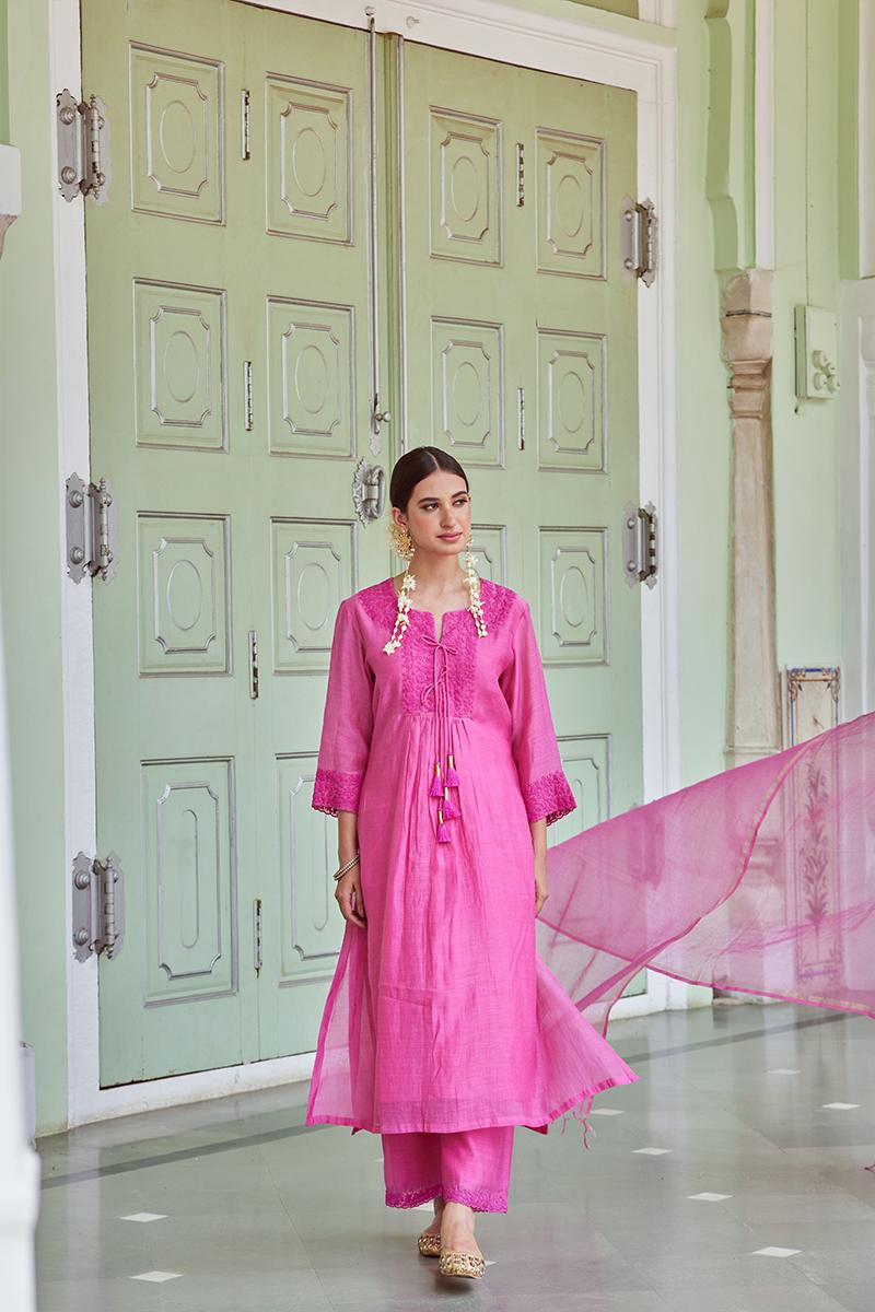 Pink Embroidered Cotton Chanderi Kurta with Palazzo