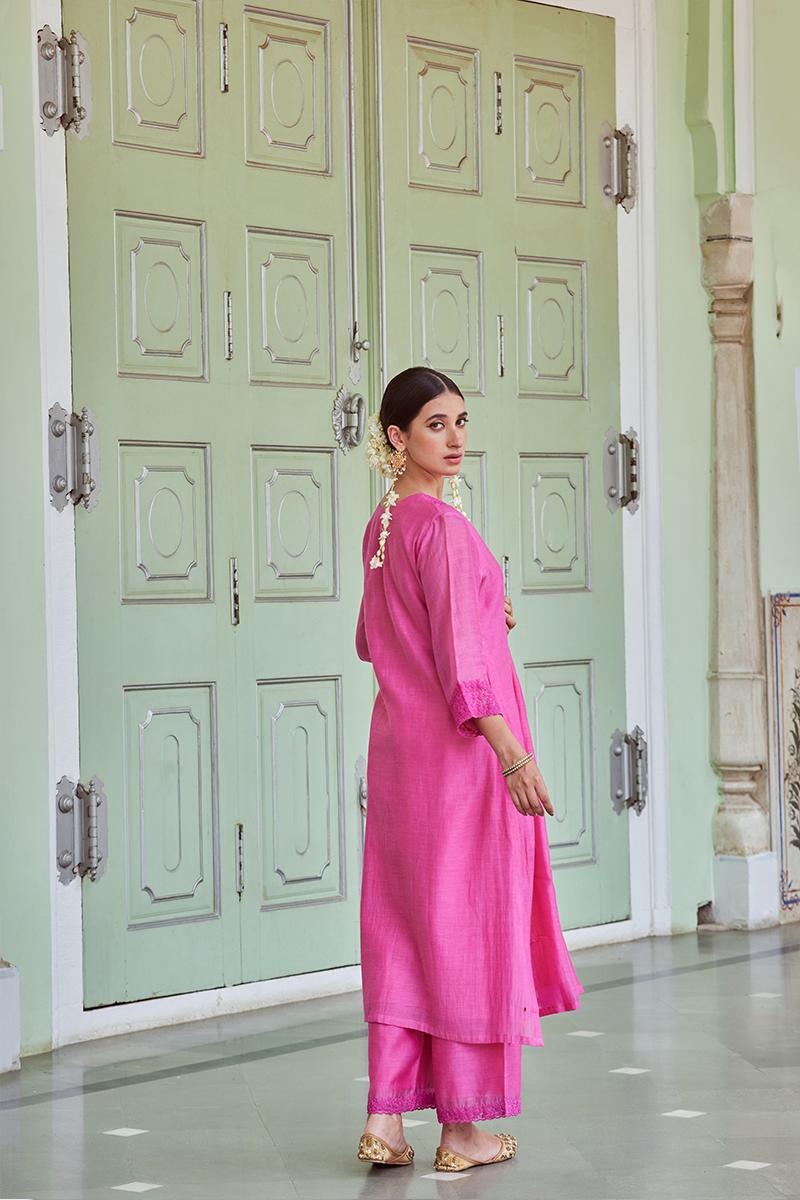 Pink Embroidered Cotton Chanderi Kurta with Palazzo