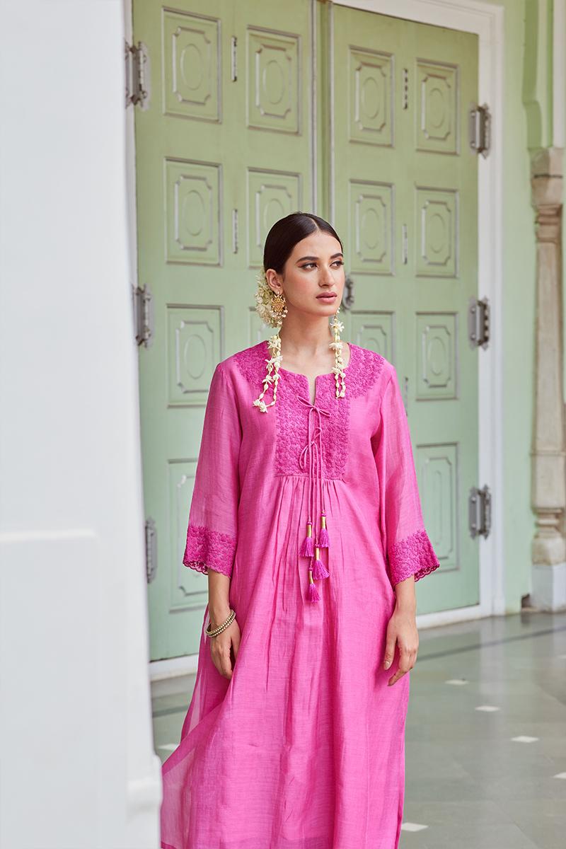 Pink Embroidered Cotton Chanderi Kurta with Palazzo