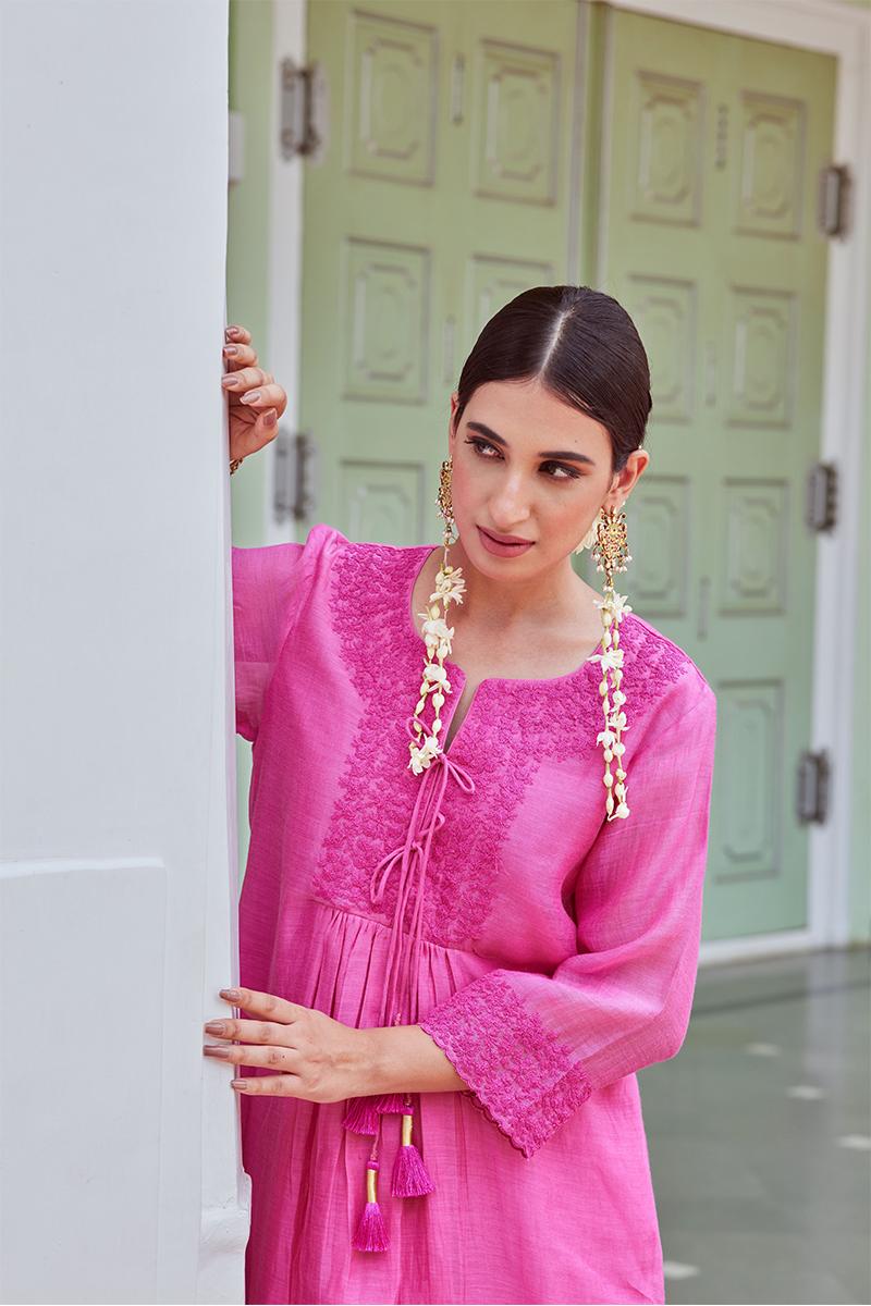 Pink Embroidered Cotton Chanderi Kurta with Palazzo