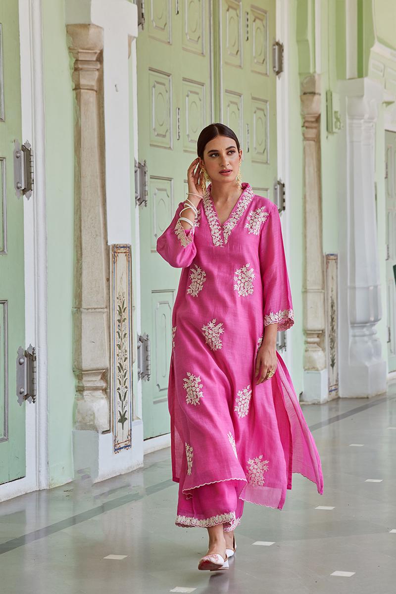 Pink Embroidered Cotton Chanderi Kurta with Palazzo- Set of 2