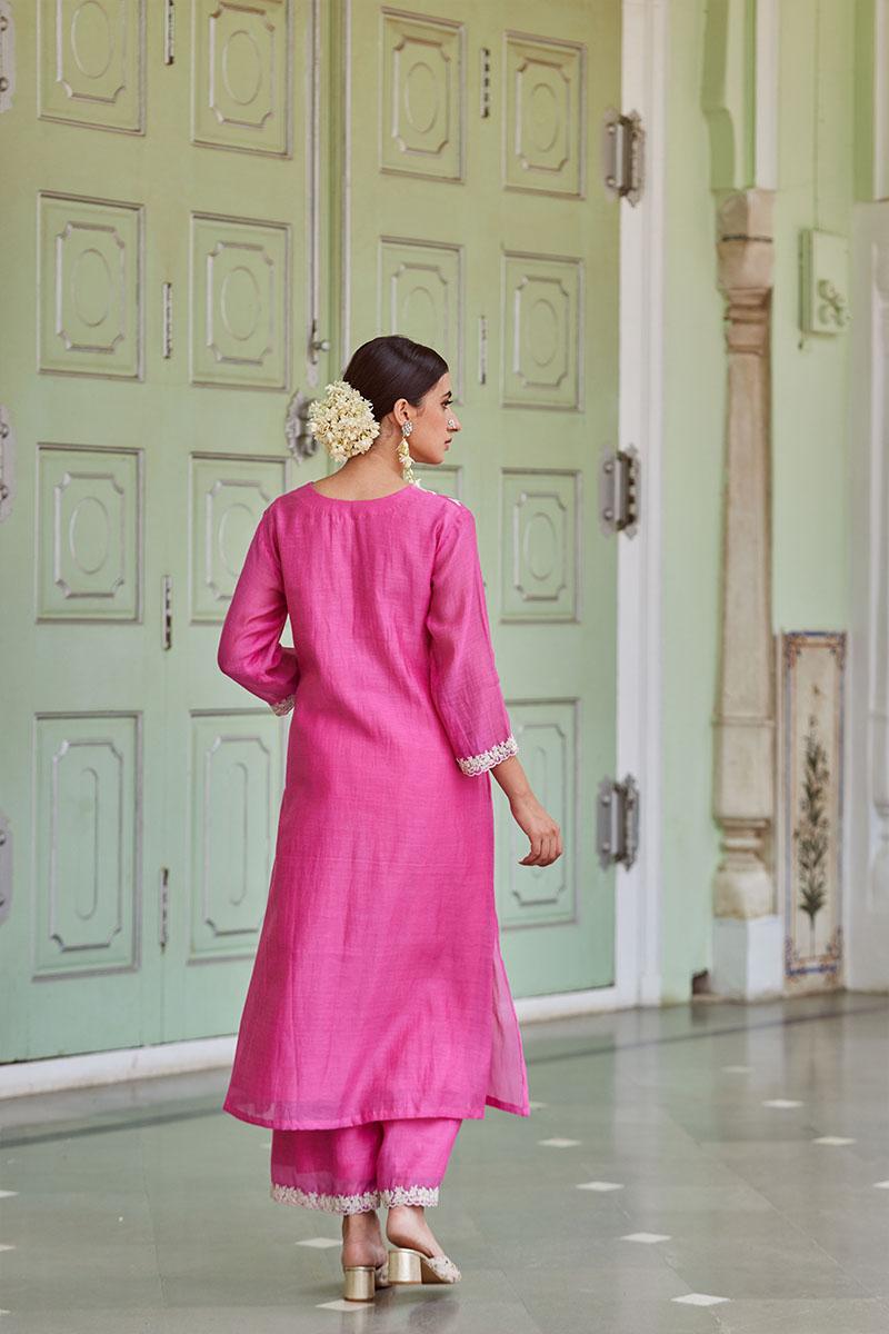 Pink Embroidered Cotton Chanderi Kurta with Palazzo- Set of 2