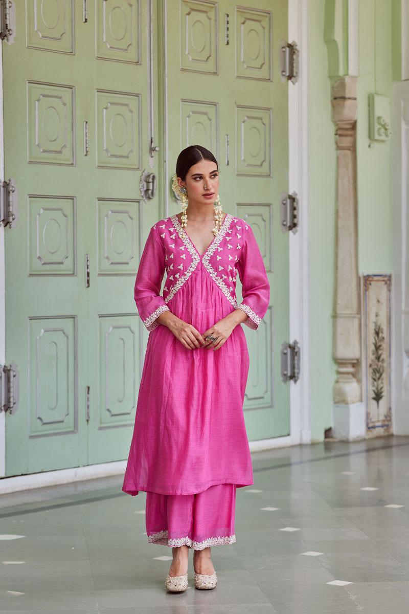 Pink Embroidered Cotton Chanderi Kurta with Palazzo- Set of 2