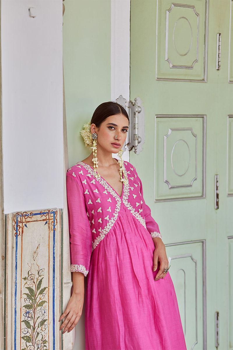 Pink Embroidered Cotton Chanderi Kurta with Palazzo- Set of 2