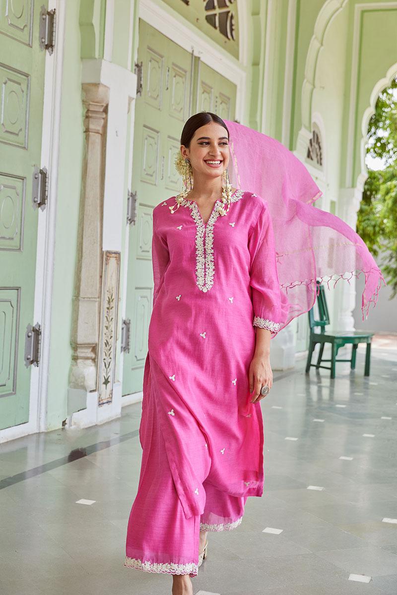 Pink Embroidered Cotton Chanderi Kurta with Palazzo- Set of 2