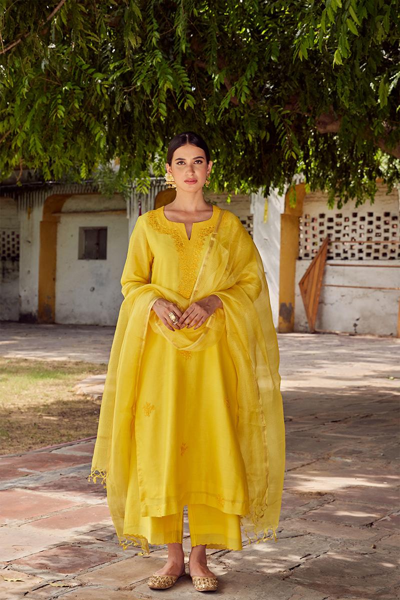 Yellow Embroidered Chanderi Silk Suit- Set of 3