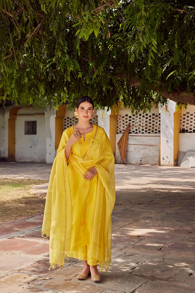 Yellow Embroidered Chanderi Silk Suit- Set of 3