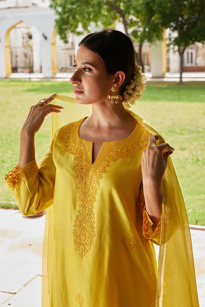 Yellow Embroidered Chanderi Silk Suit- Set of 3