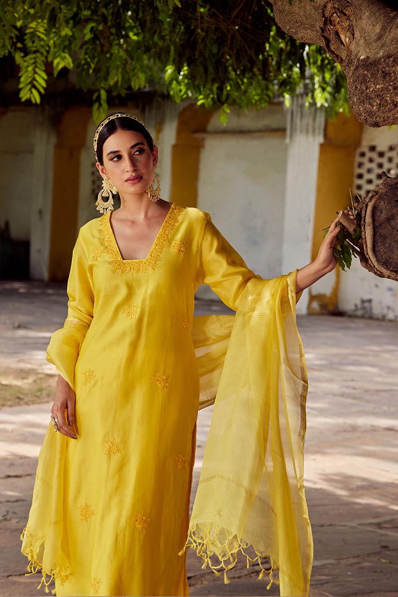 Yellow Embroidered Chanderi Slk Suit with Cutwork Dupatta- Set of 3