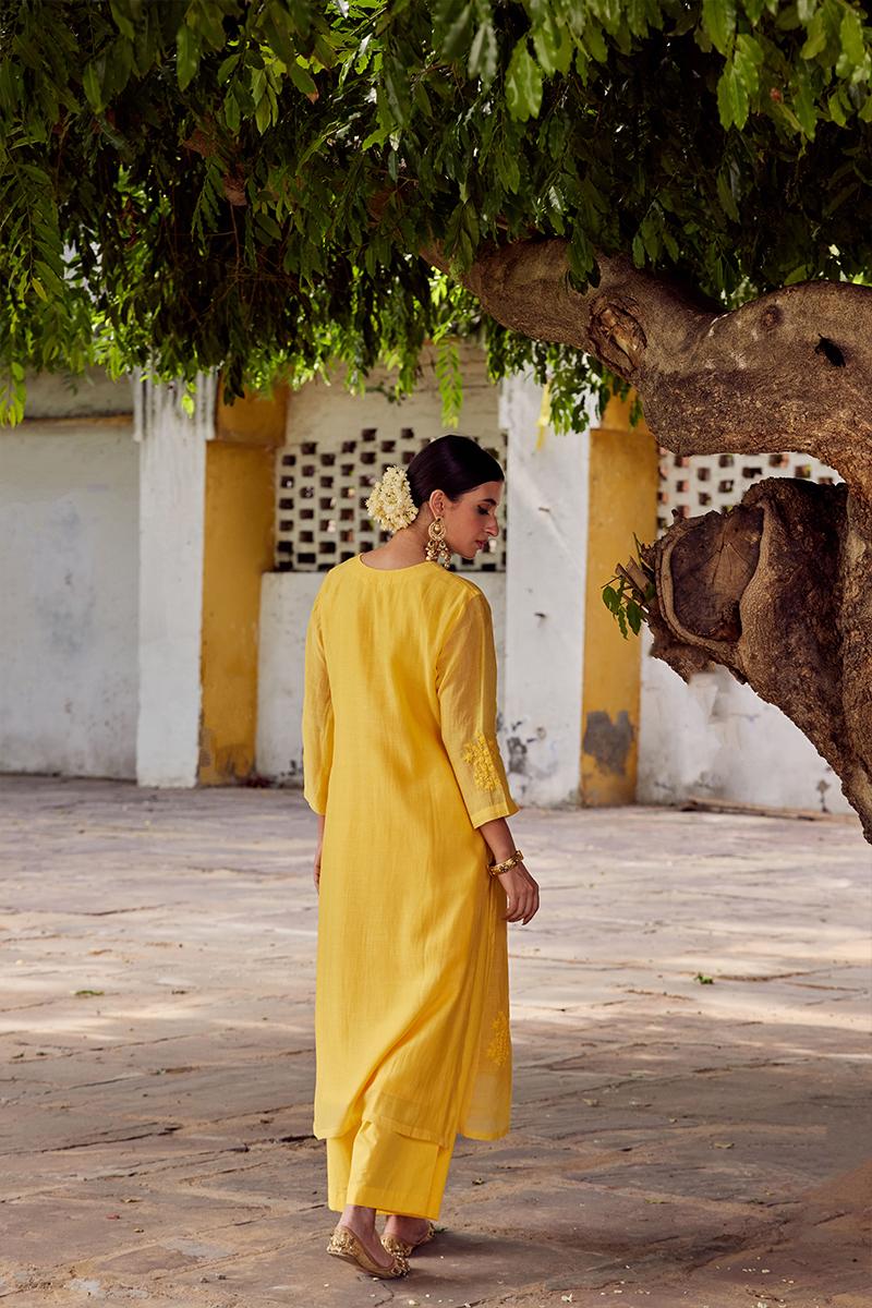 Yellow Embroidered Chanderi Silk Kurta with Pants