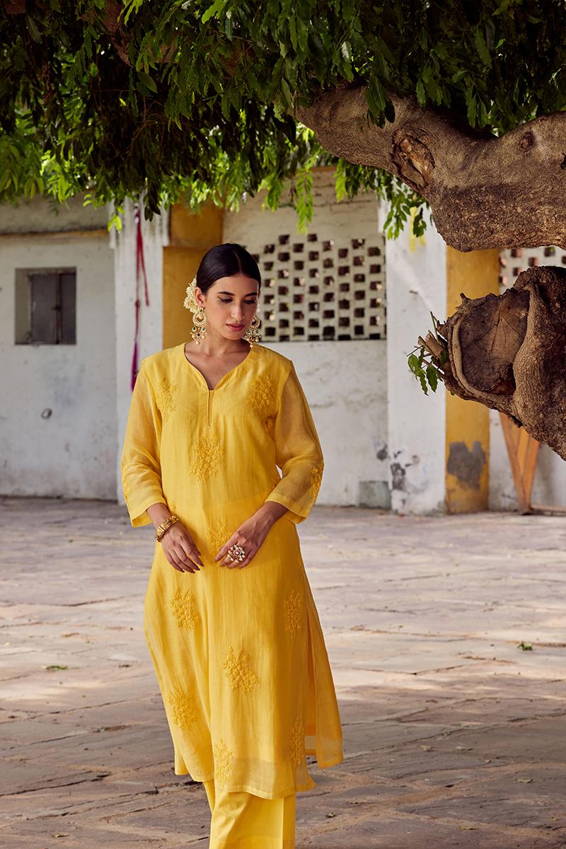 Yellow Embroidered Chanderi Silk Kurta with Pants