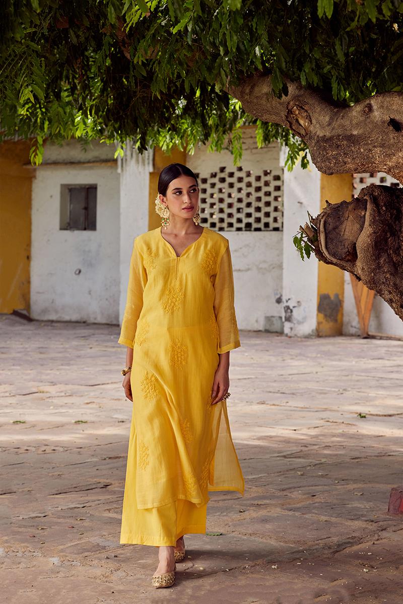 Yellow Embroidered Chanderi Silk Kurta with Pants