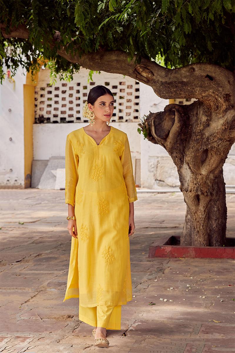 Yellow Embroidered Chanderi Silk Kurta with Pants