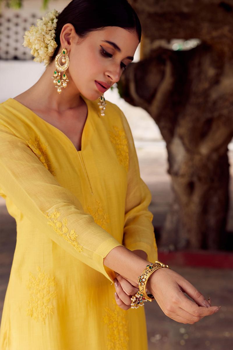 Yellow Embroidered Chanderi Silk Kurta with Pants