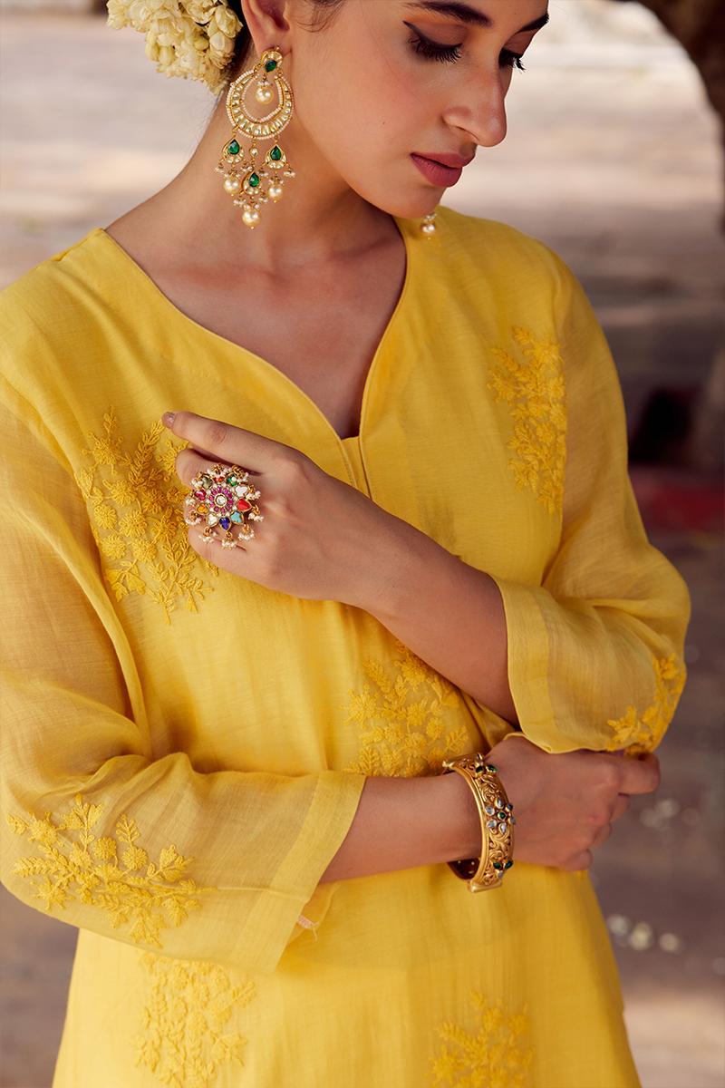 Yellow Embroidered Chanderi Silk Kurta with Pants