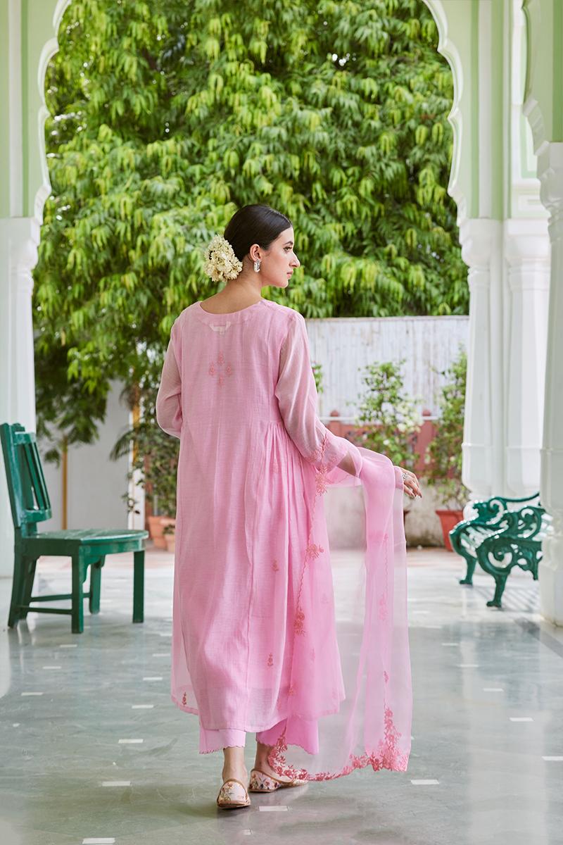 Pink Embroidered Cotton Chanderi Suit- Set of 3