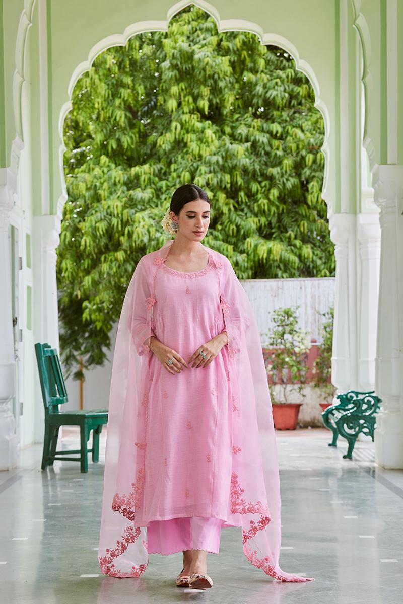 Pink Embroidered Cotton Chanderi Suit- Set of 3