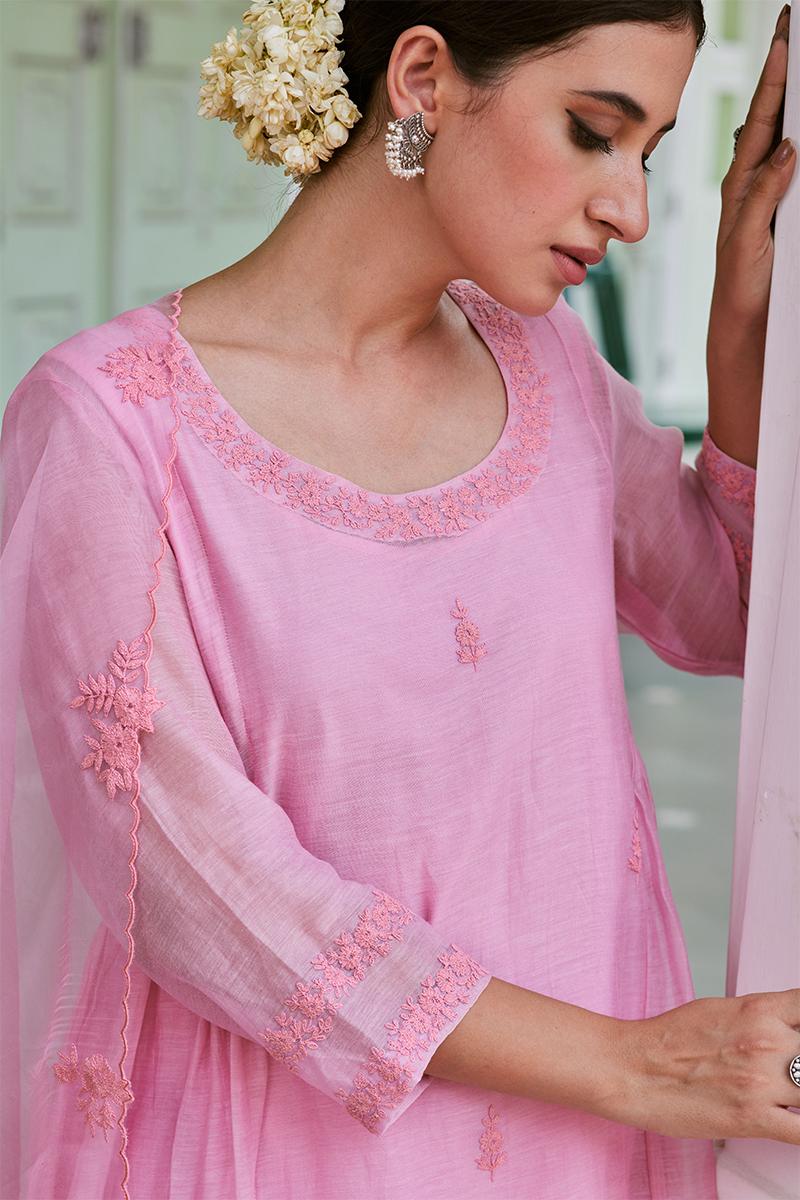 Pink Embroidered Cotton Chanderi Suit- Set of 3