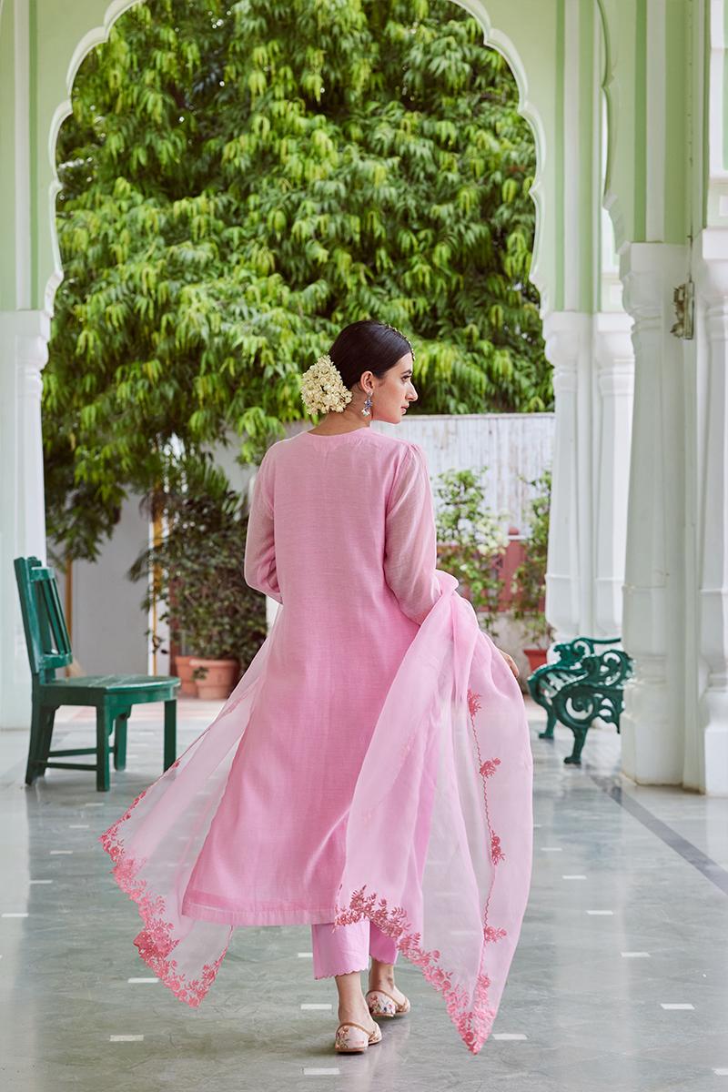 Pink Embroidered Cotton Chanderi Suit with Organza Dupatta