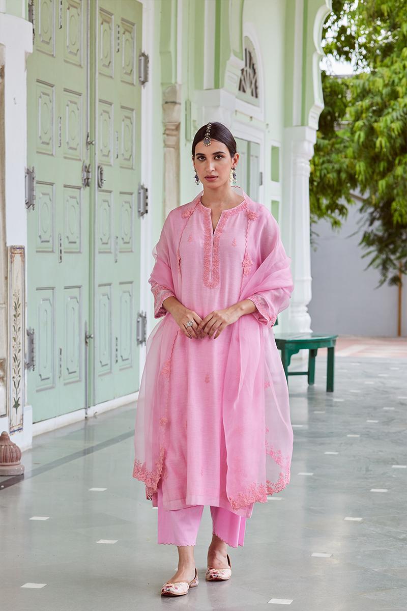 Pink Embroidered Cotton Chanderi Suit with Organza Dupatta