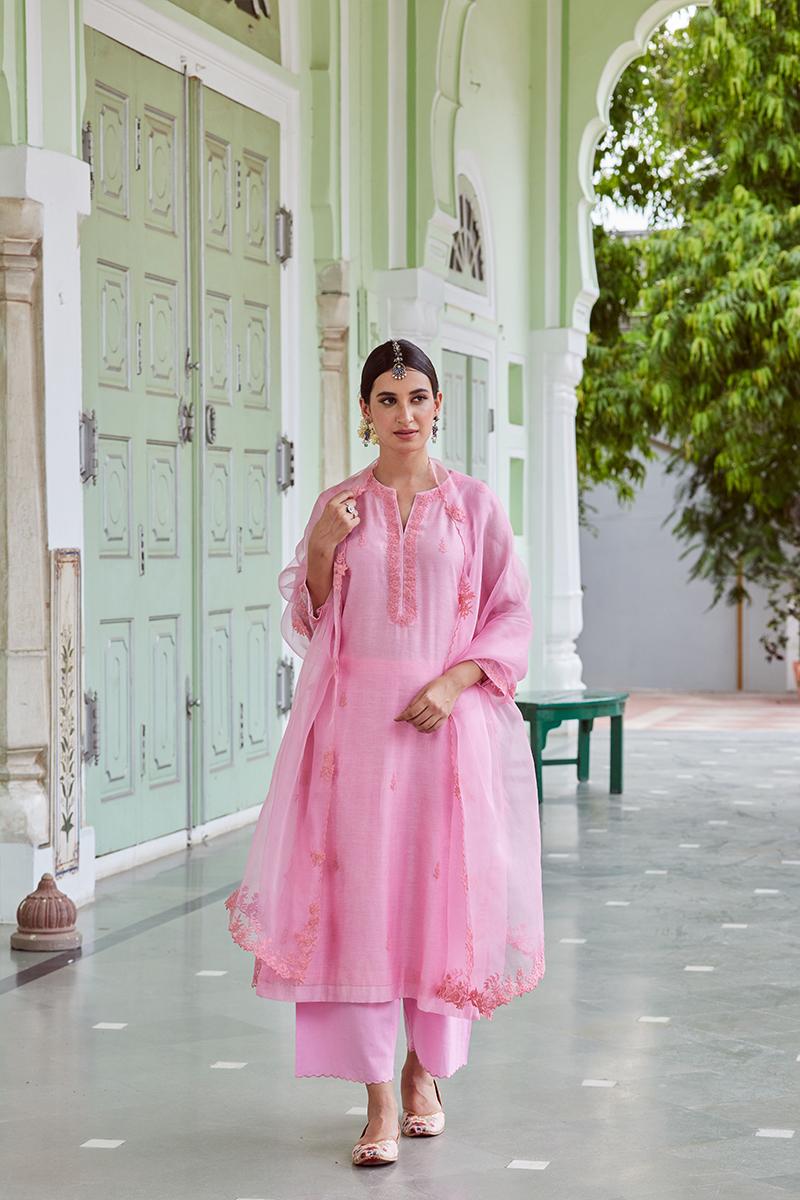 Pink Embroidered Cotton Chanderi Suit with Organza Dupatta