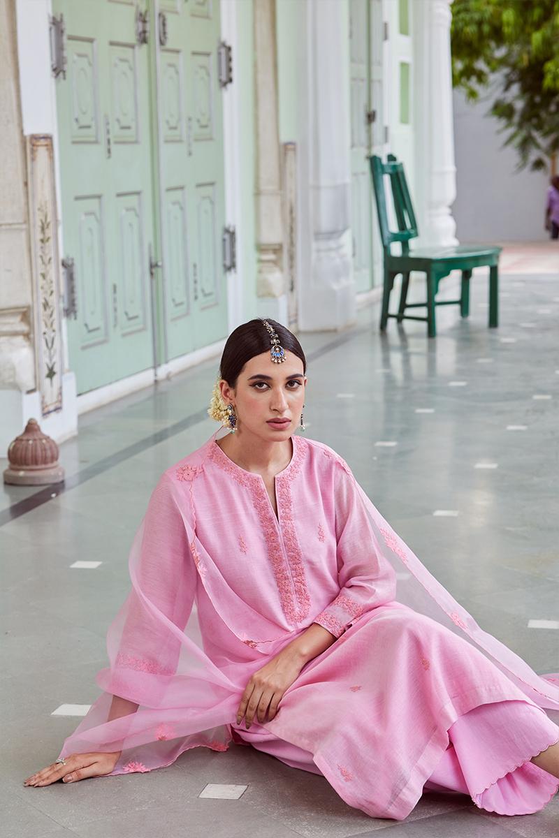 Pink Embroidered Cotton Chanderi Suit with Organza Dupatta