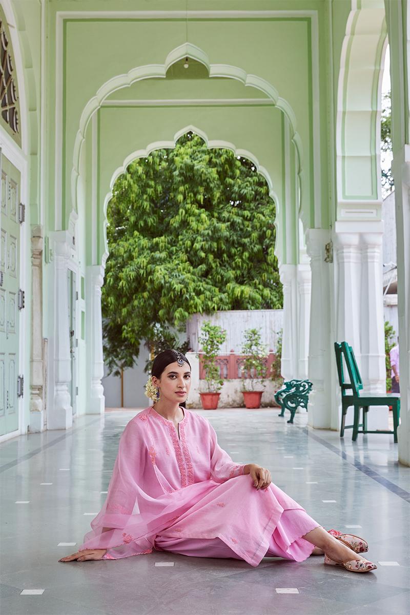 Pink Embroidered Cotton Chanderi Suit with Organza Dupatta