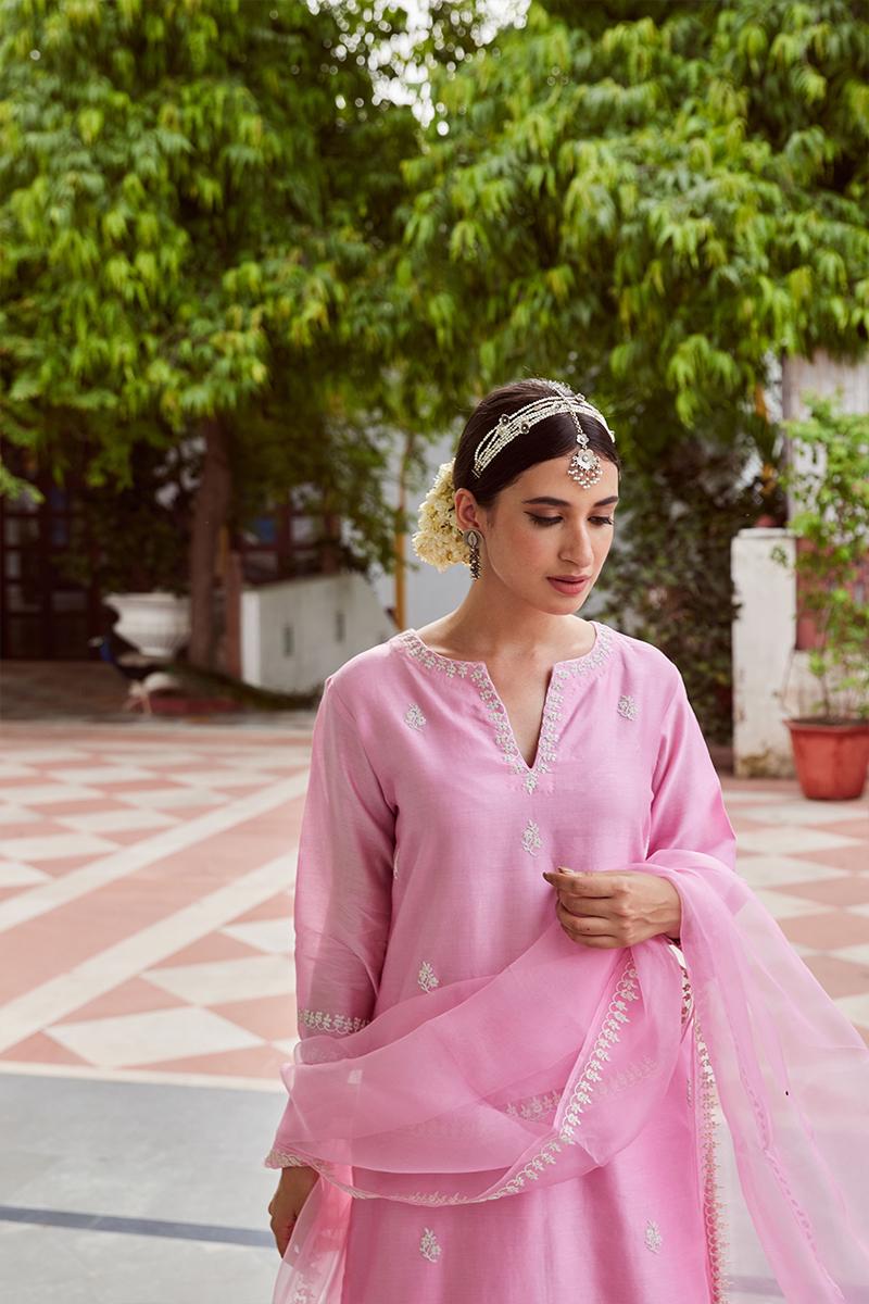  Embroidered Cotton Pink Chanderi Suit- Set of 3