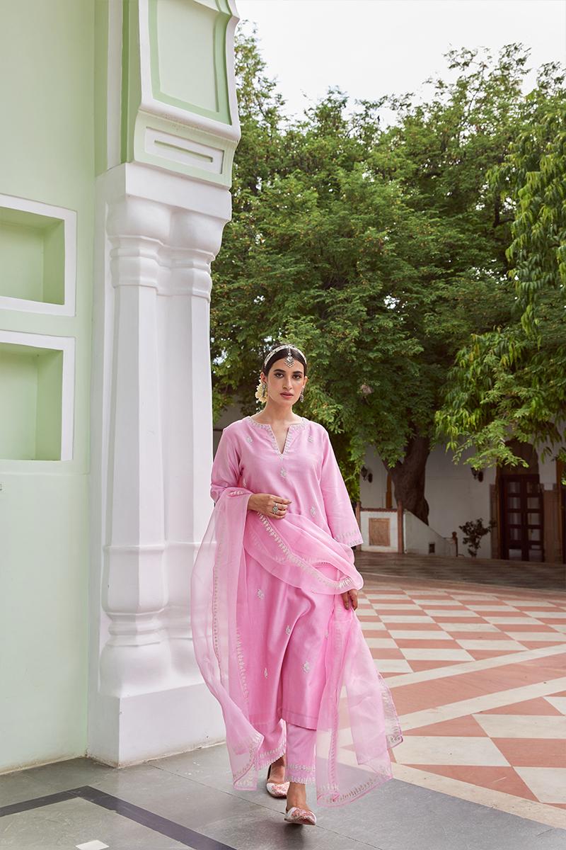  Embroidered Cotton Pink Chanderi Suit- Set of 3