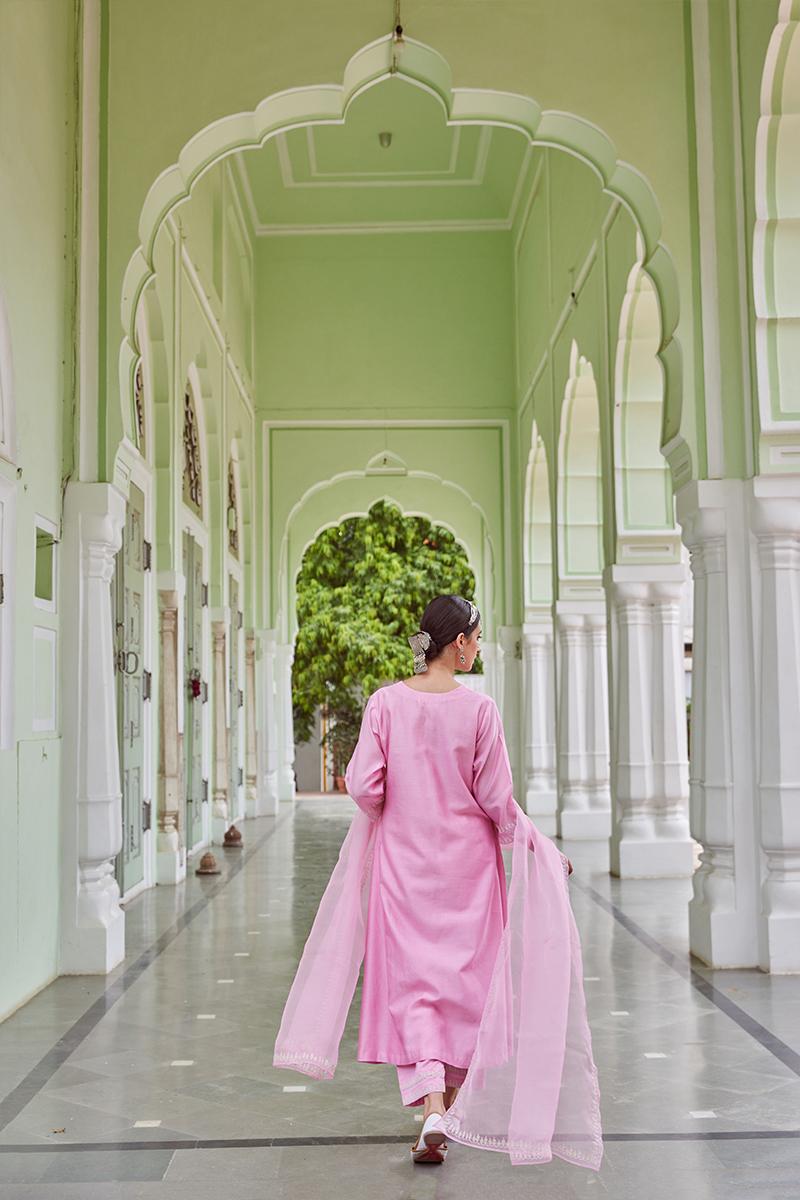 Pink Embroidered Cotton Chanderi Suit with Organza Dupatta