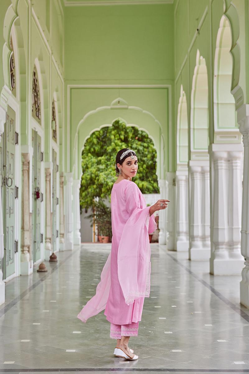 Pink Embroidered Cotton Chanderi Suit with Organza Dupatta