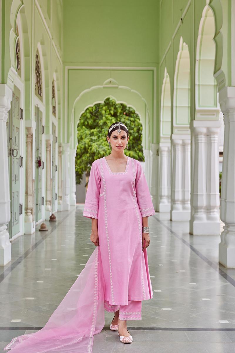 Pink Embroidered Cotton Chanderi Suit with Organza Dupatta