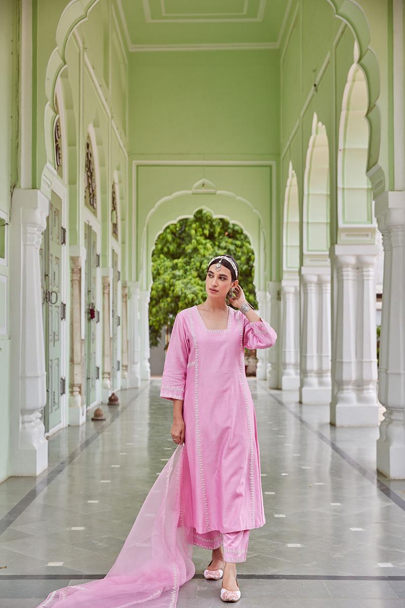 Pink Embroidered Cotton Chanderi Suit with Organza Dupatta