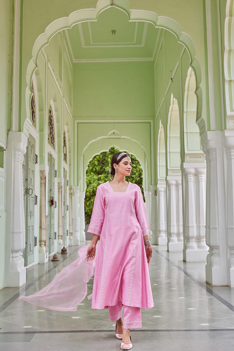 Pink Embroidered Cotton Chanderi Suit with Organza Dupatta