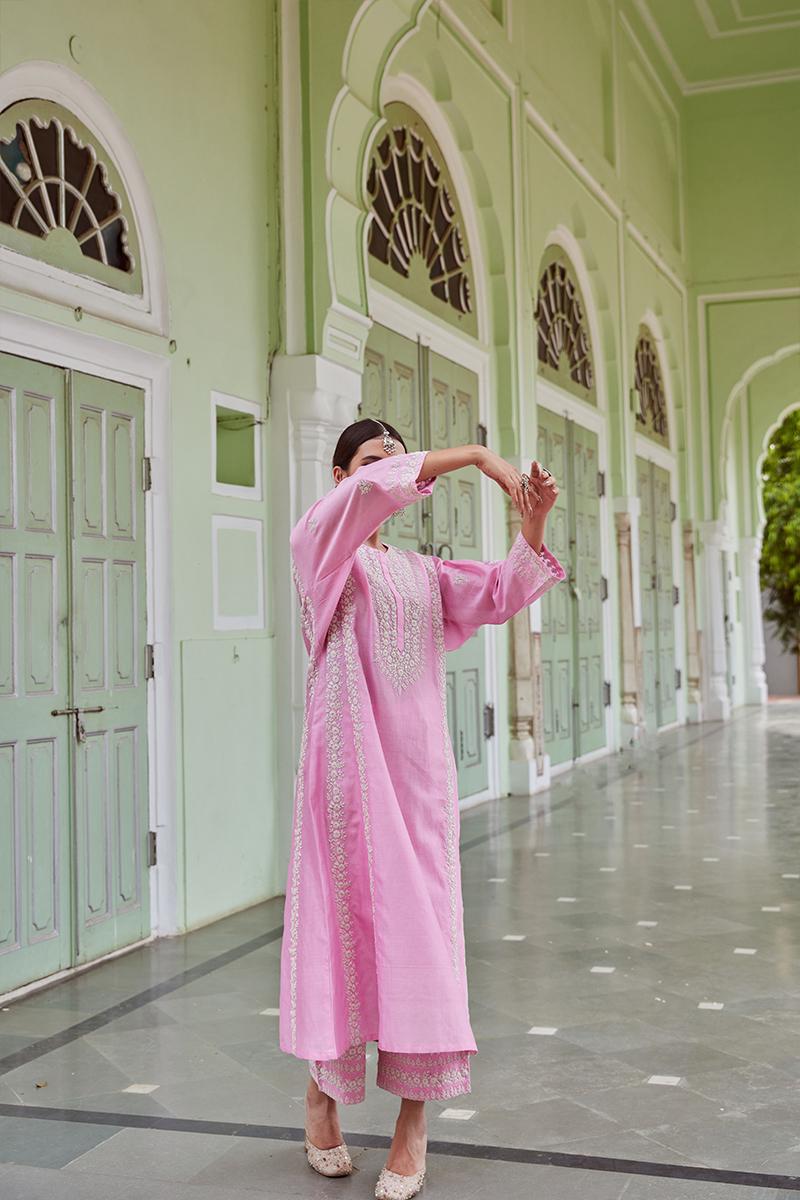 Pink Embroidered Cotton Chanderi Kurta with Kalidar Pants