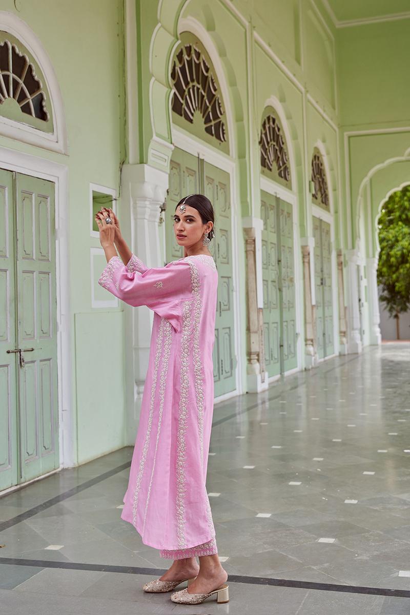 Pink Embroidered Cotton Chanderi Kurta with Kalidar Pants