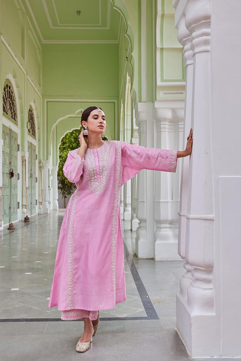 Pink Embroidered Cotton Chanderi Kurta with Kalidar Pants