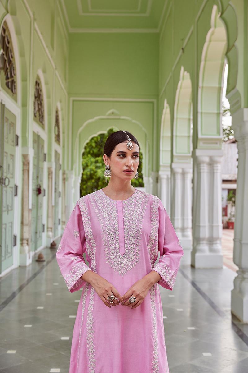 Pink Embroidered Cotton Chanderi Kurta with Kalidar Pants